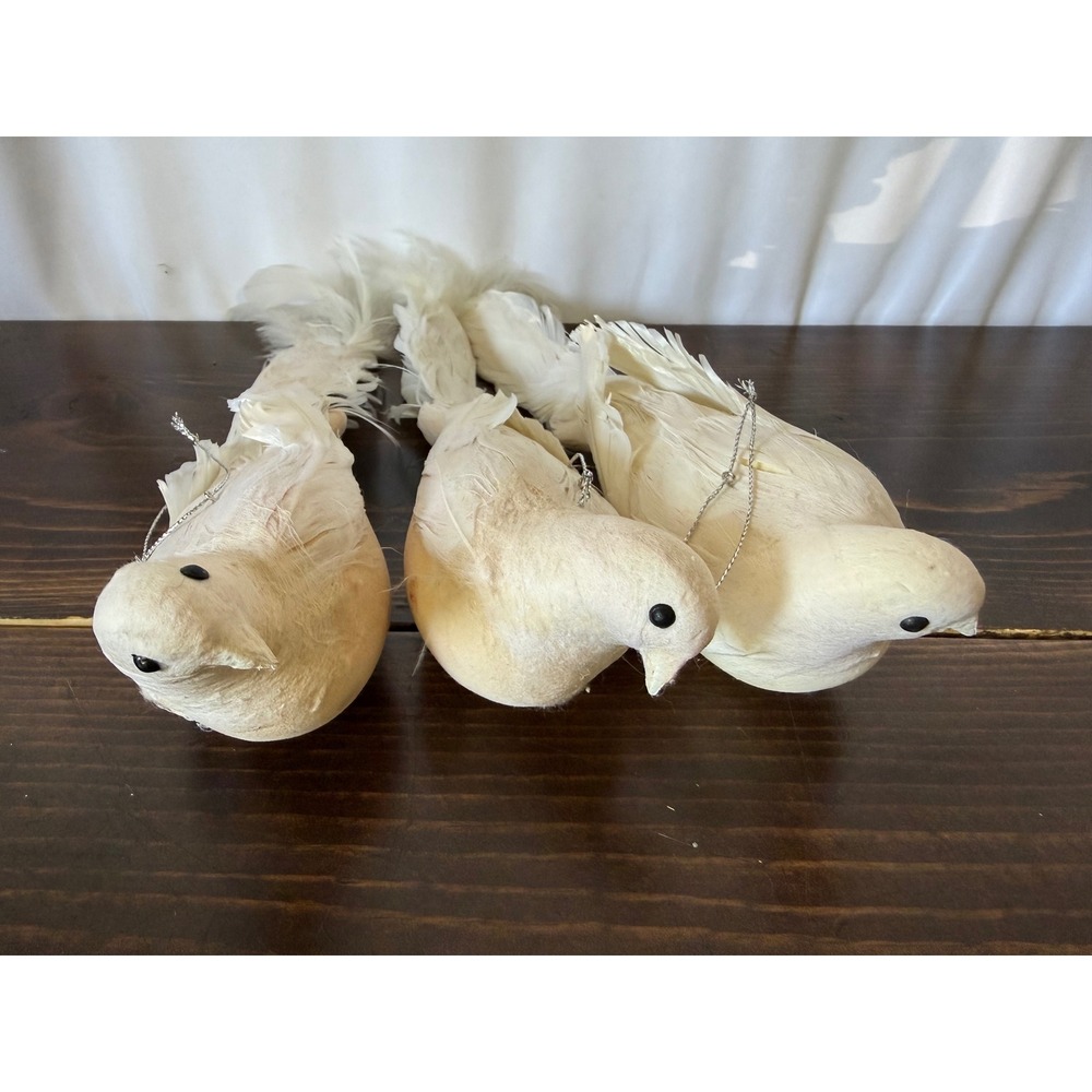 VTG White Dove Christmas Tree Ornaments Set of 3 Feather Tail Clip On 12 Inch